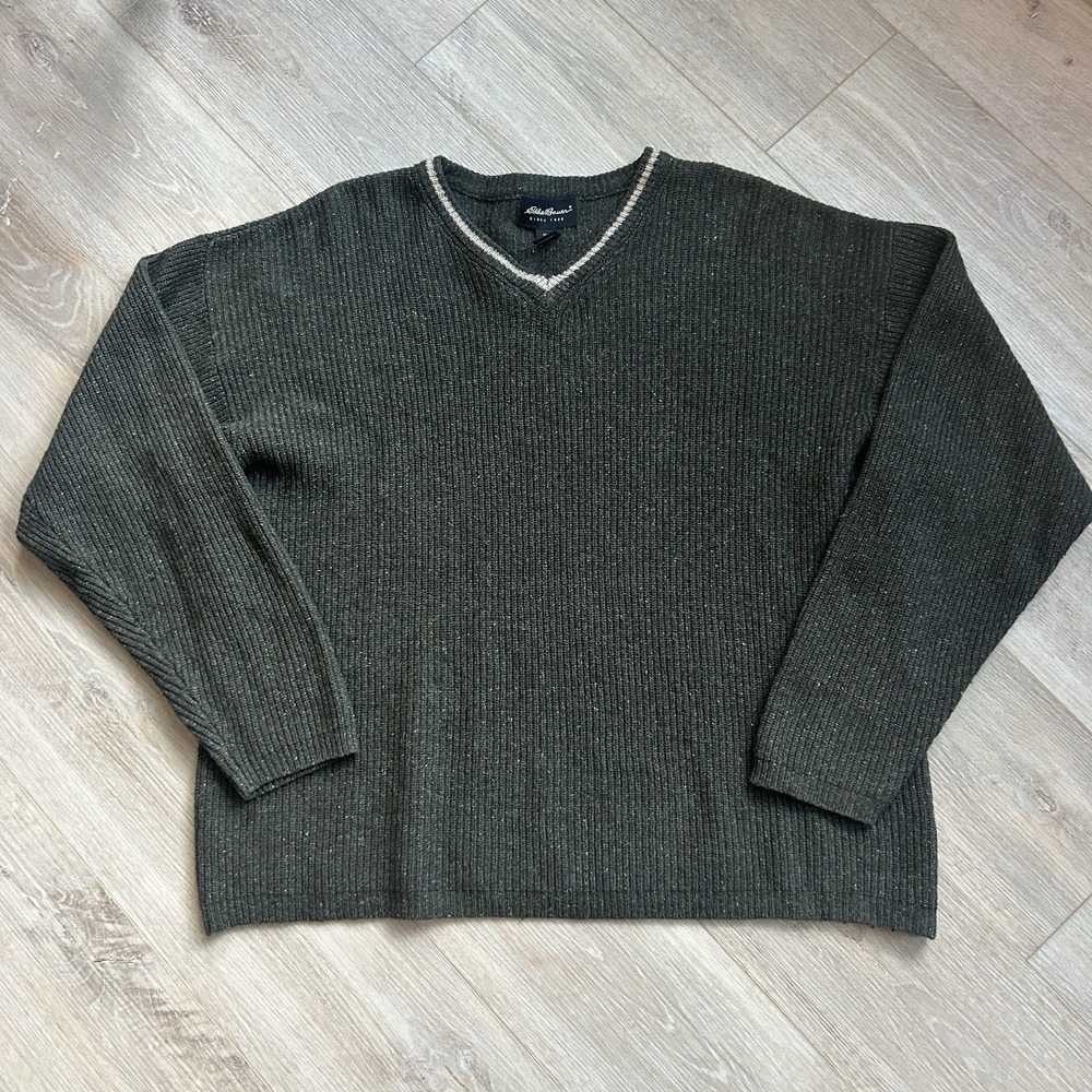 Vintage Eddie Bauer Lambswool Blend Sweater V-Neck‎ Mens XXL Olive Long Sleeve